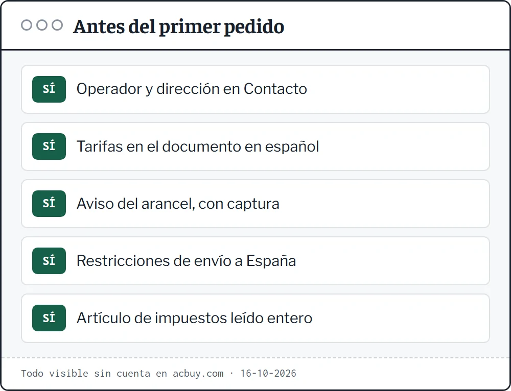 Lista de cinco comprobaciones antes de comprar con ACBuy: operador, tarifas, aviso del arancel, restricciones de envío y texto de impuestos