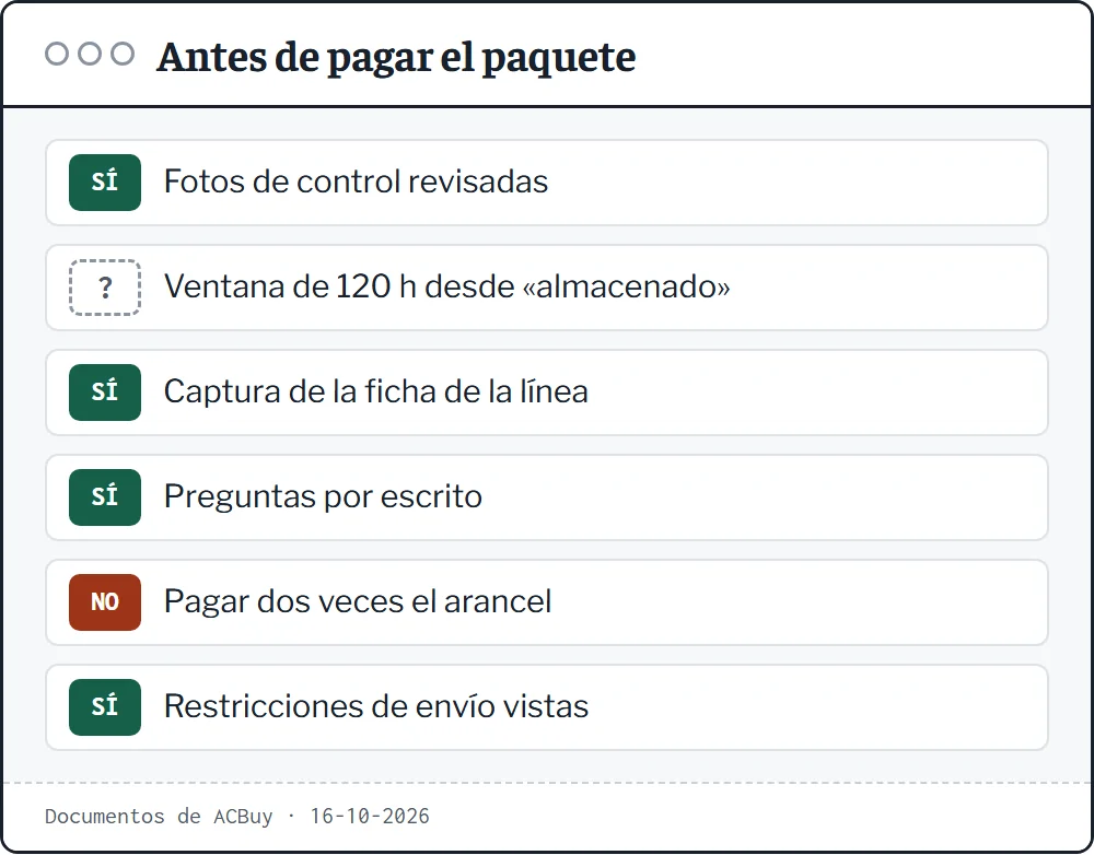 Seis cuidados antes de pagar el paquete: fotos de control, ventana de 120 horas, ficha de la línea, preguntas por escrito, no pagar dos veces y restricciones