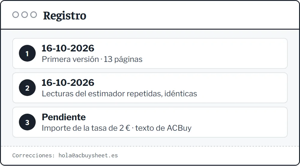 Registro de cambios de la guía con la primera versión del 16 de octubre de 2026 y dos puntos pendientes de vigilar