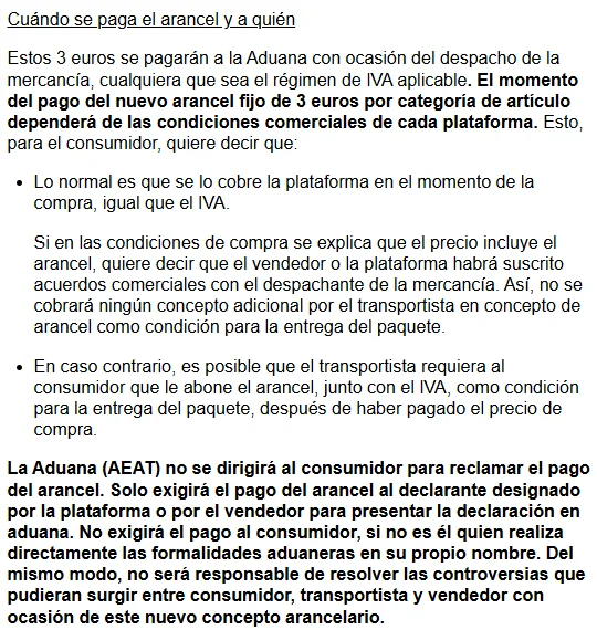 Captura de la Agencia Tributaria: cuándo se paga el arancel y a quién, con los dos supuestos de cobro por la plataforma o por el transportista
