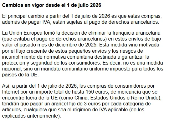 Captura de la Agencia Tributaria: cambios en vigor desde el 1 de julio de 2026, arancel fijo de 3 euros por cada categoría de artículos