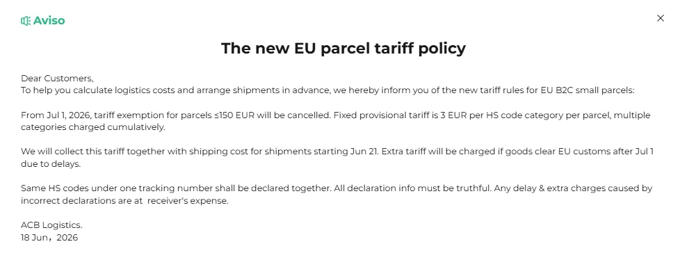 Captura del aviso de ACBuy The new EU parcel tariff policy del 18 de junio de 2026, abierto desde la barra de avisos de la portada en español