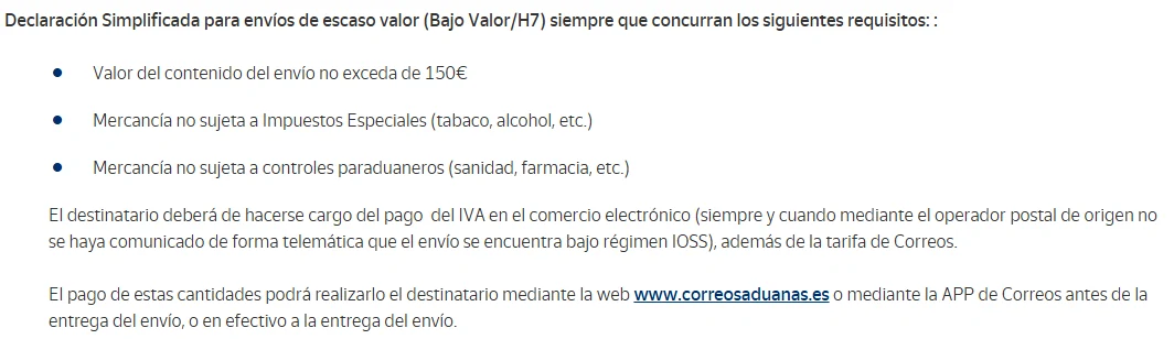 Captura de Correos: declaración simplificada para envíos de bajo valor, el destinatario paga el IVA del comercio electrónico salvo régimen IOSS, además de la tarifa de Correos