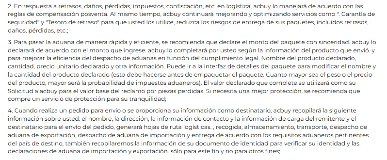 Captura del acuerdo de servicio de transporte de paquetes de ACBuy en español: recomienda declarar el monto con sinceridad y explica que ACBuy declara el monto que ingresa el cliente