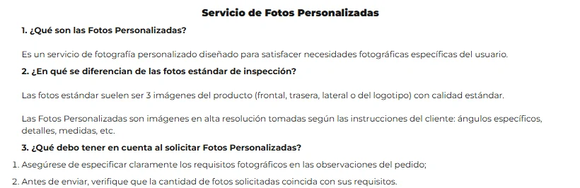Captura del documento de ACBuy Servicio de Fotos Personalizadas en español: las fotos estándar suelen ser 3 imágenes del producto, frontal, trasera, lateral o del logotipo