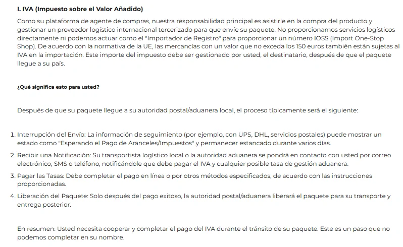 Captura del artículo de ACBuy Impuestos Comunes de Aduanas y Correos en español: apartado del IVA, no puede actuar como importador ni dar número IOSS, y los cuatro pasos del pago