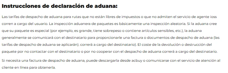 Captura del documento de ACBuy Referencia del umbral arancelario en español: las tarifas de despacho de aduana para rutas que no están libres de impuestos corren a cargo del usuario