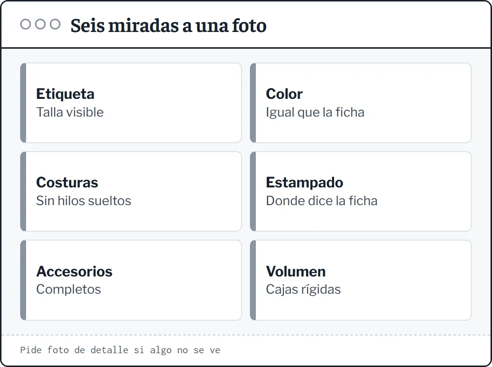 Seis comprobaciones en las fotos de control: etiqueta de talla, color, costuras, estampados, accesorios y volumen