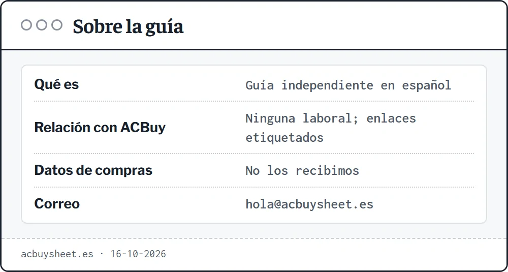 Ficha de la guía: independiente, en español, sin relación de empleo con ACBuy, enlaces etiquetados y sin datos de compras