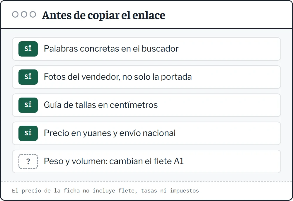 Lista de comprobación para buscar en el catálogo: palabras concretas, fotos del vendedor, guía de tallas, precio en yuanes y peso aproximado