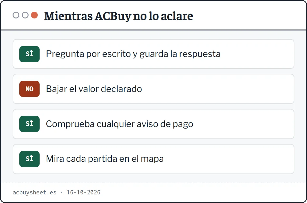 Cuatro acciones ante la contradicción: preguntar por escrito a ACBuy, declarar el valor real, comprobar cualquier aviso de pago y usar el mapa de cobros
