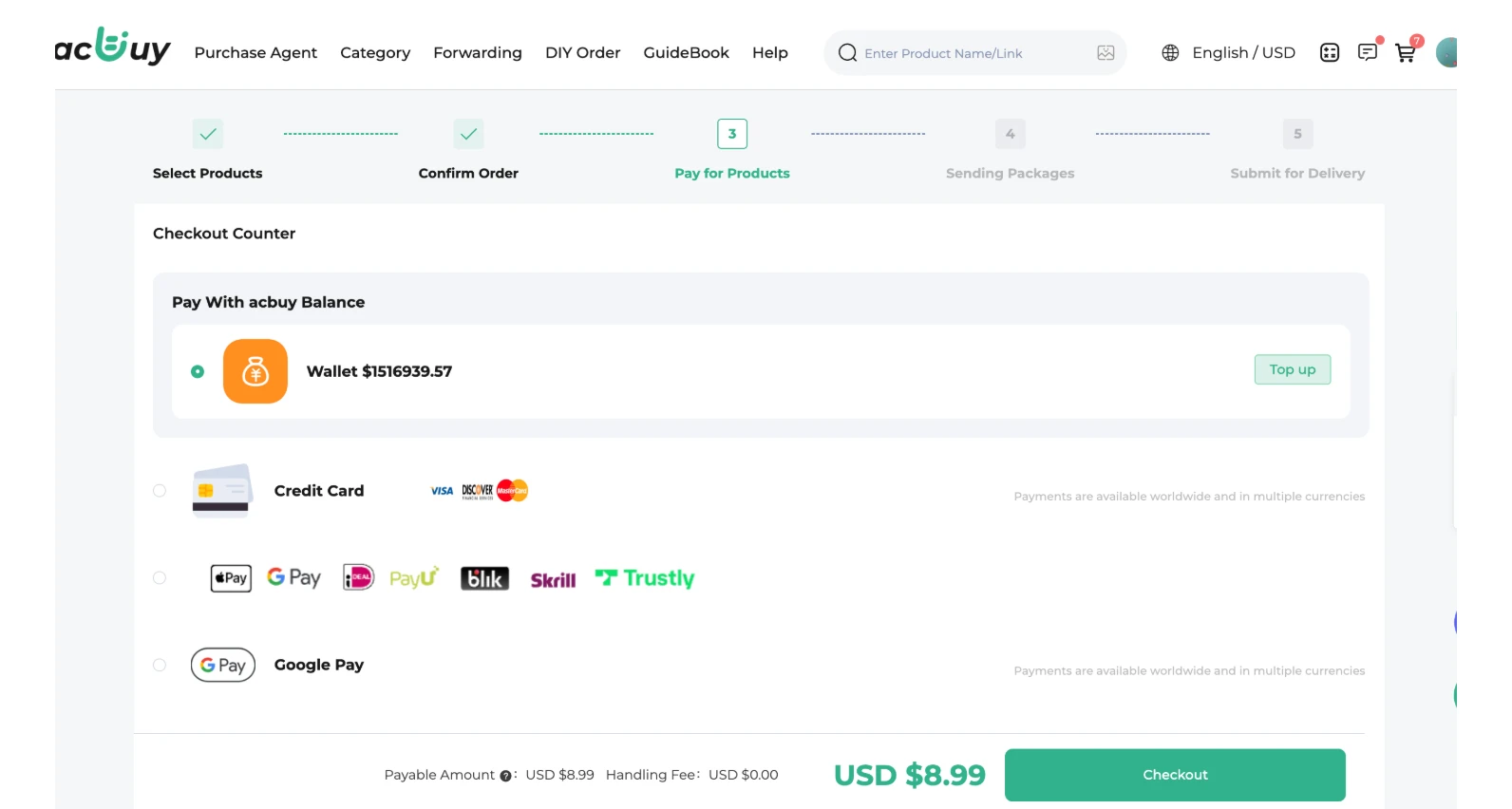 Confirmación de transporte y pago en ACBuy